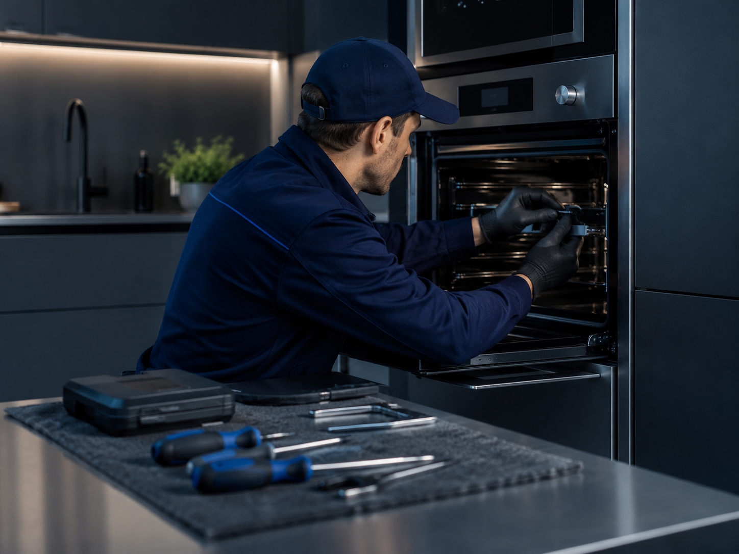 EuroTech technician working carefully on a built-in oven